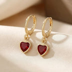 Gold Ruby Heart Drop Earrings